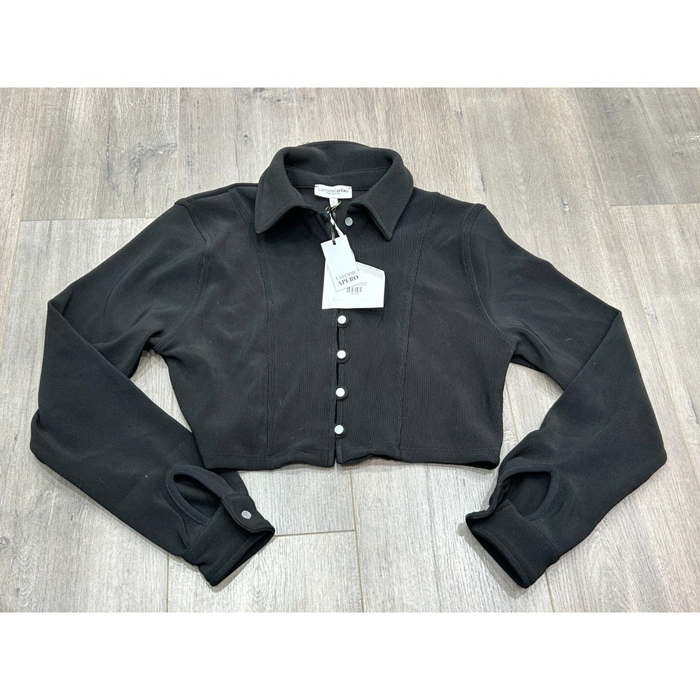 NWT La Femme Apero Dolly Shirt Womens Lg/8 Black Baby Rib Knit Button Front Top